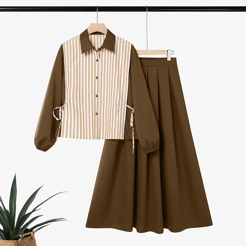 ZANZEA Eid Mubarek Outfits Muslim Sets Hijab Women Long Sleeve Patchwork Shirt Maxi Long Skirt Suit Dubai 2 Pieces Sets Ramadan