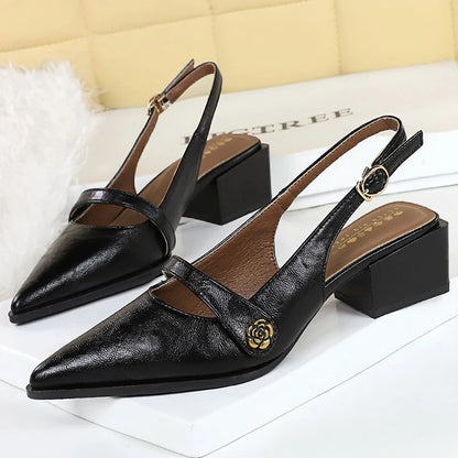 BIGTREE Shoes Retro Women's Sandals Pointed Tip Chunky Heel Women Shoes Buckle Middle Heel Sandals Summer Ladies Shoes 2026 New