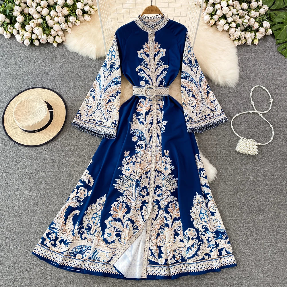 Spring Autumn Women's Dress Vintage Long Sleeve Print Floral High Waist Boho Party Maxi Vestidos Elegant Luxury Long Dresses