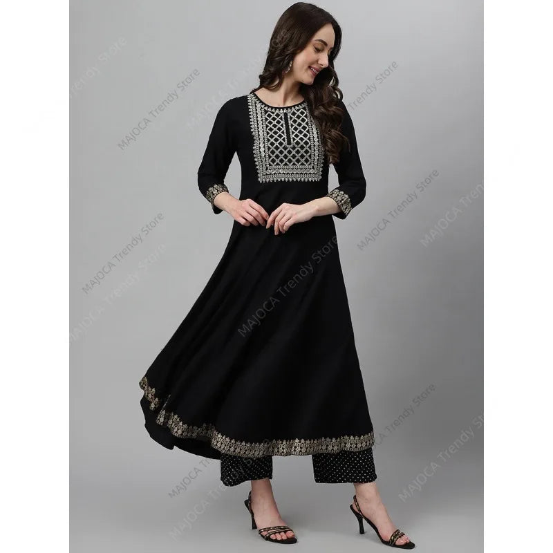 Indian Pakistani Women Black Rayon Kurta Pant Set with Dupatta Ethnic Embroidery 3 Piece Suit Traditional Anarkali Salwar Kameez
