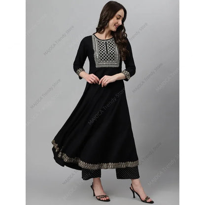 Indian Pakistani Women Black Rayon Kurta Pant Set with Dupatta Ethnic Embroidery 3 Piece Suit Traditional Anarkali Salwar Kameez