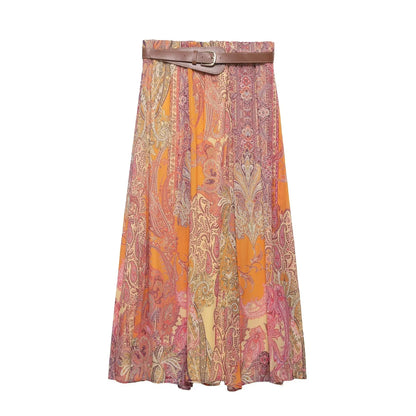 KONDALA Elegant Beach Boho Women Skirt Print Sashes Long Straight Skirt Fashion 2026 Spring Summer Night Out Party Female Skirt