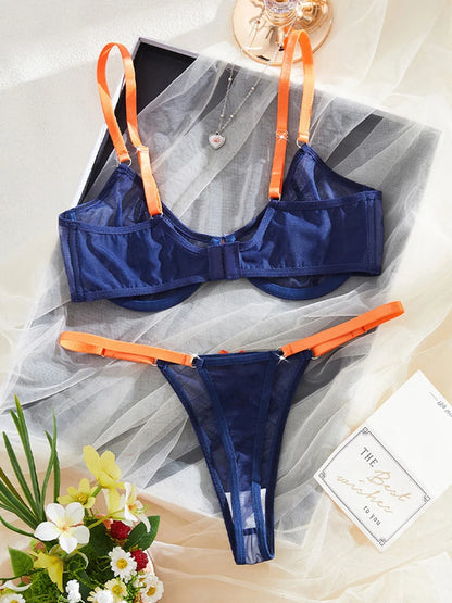 Women's Lingerie Navy Blue Sheer Mesh Underwear Steel Rings Bra Orange Bow Thongs 2Pieces Sexy Lingerie Contrast Color Intimates