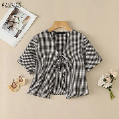 ZANZEA Women Casual Gingham Tie-Front Cardigans V-Neck Short Sleeve Short Shirts 2026 Summer Fashion Dates Daily Wear Tops