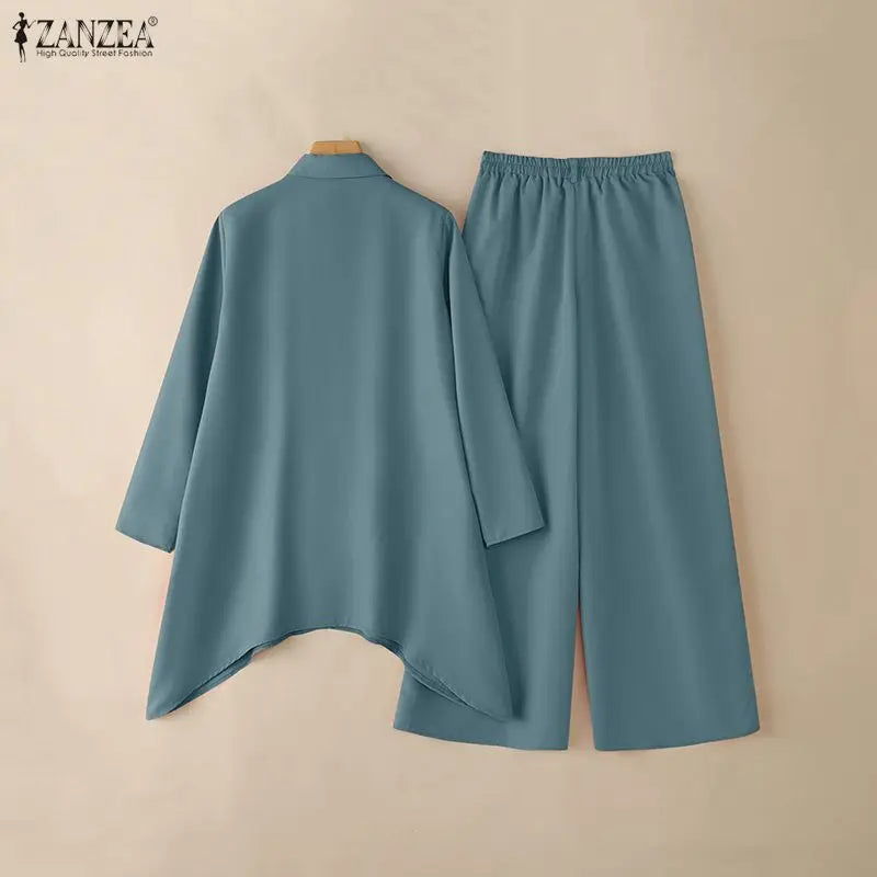 ZANZEA Women's Casual Pant Suits Oversized Long Sleeve Asymmetric Shirt & Wide Leg Pant 2 Pieces Sets Solid Commuting Outfits