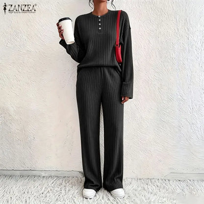 ZANZEA Women Ribbed Knit Pant Sets O-Neck Long Sleeve T-Shirt & Elastic Waist Pant 2 Piece Matching Sets Autumn Casual Co-ords