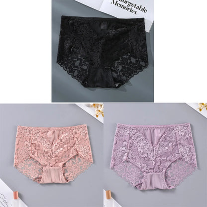 Women's High Waist Lace Shorts, Sexy Breathable Super Stretchy Underwear, Solid Color Fashion Women's Clothing, 3 Pieces