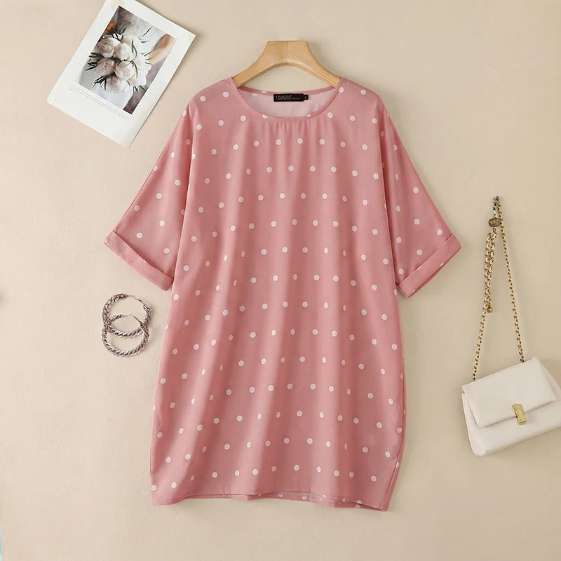 ZANZEA Woman Polka Dot Loose Long Blouses Round Neck 3/4 Sleeves Oversized Tunic Tops Autumn Casual Comfort Daily Wear Blusas