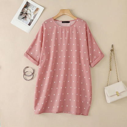 ZANZEA Woman Polka Dot Loose Long Blouses Round Neck 3/4 Sleeves Oversized Tunic Tops Autumn Casual Comfort Daily Wear Blusas