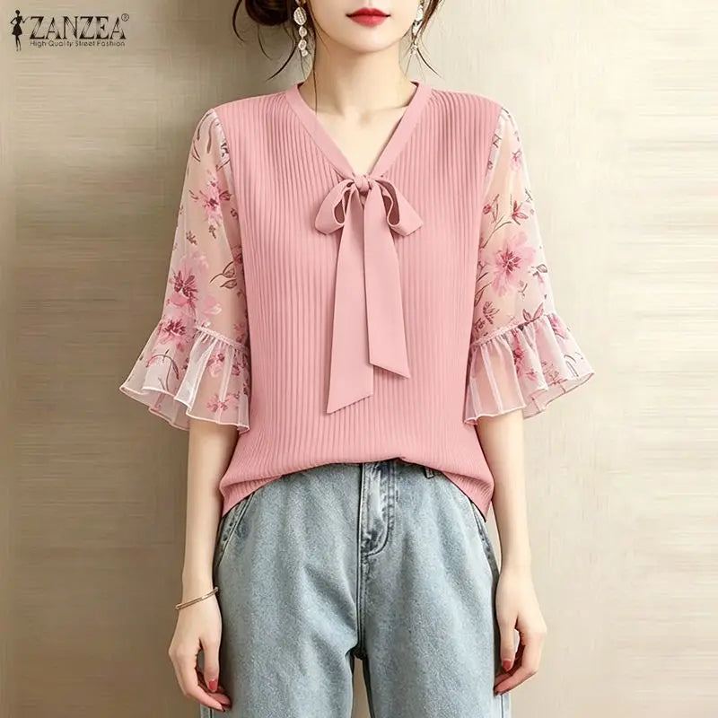ZANZEA Women Elegant Plisse Blouses Floral Printed 3/4 Flared Sleeve Tops Summer Casual Loose Bow Detail V-Neck Blusas de Mujer