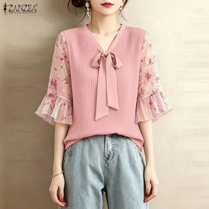 ZANZEA Women Elegant Plisse Blouses Floral Printed 3/4 Flared Sleeve Tops Summer Casual Loose Bow Detail V-Neck Blusas de Mujer