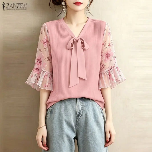 ZANZEA Women Elegant Plisse Blouses Floral Printed 3/4 Flared Sleeve Tops Summer Casual Loose Bow Detail V-Neck Blusas de Mujer