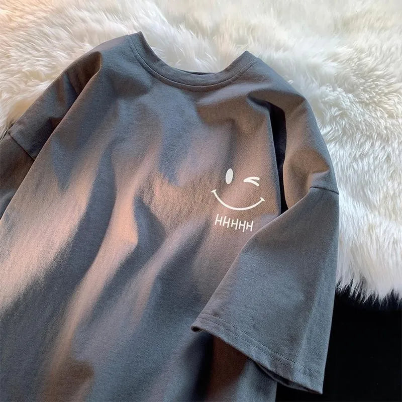 Summer Trendy Simple and Fashionable Printed Short-sleeved T-shirt for Ladies and Boys Same Loose Casual Large-size Top