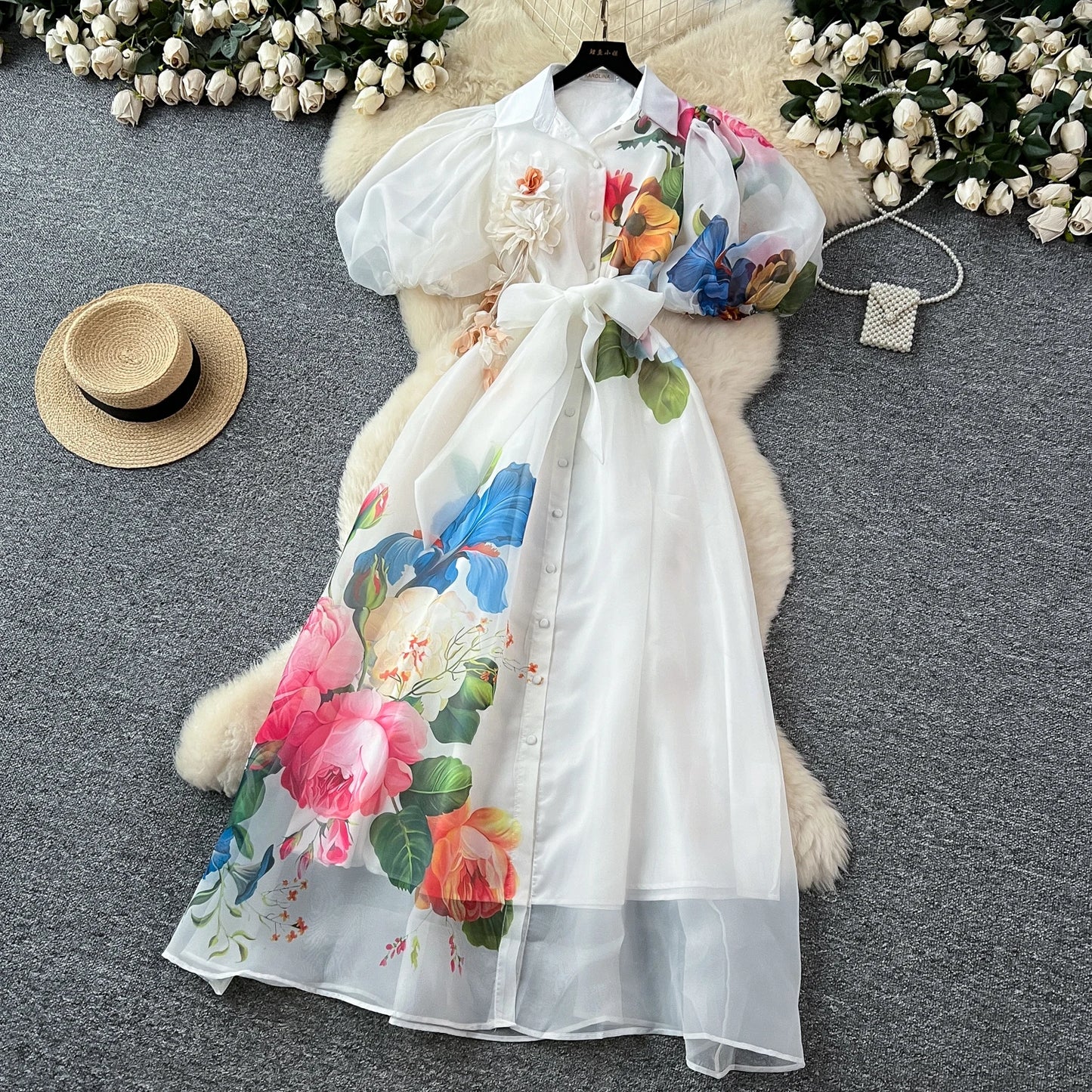 Chic vintage Sexy print mesh lace-up button Fairy Summer  Women Boho Sundress women clothing Long dress