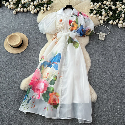 Chic vintage Sexy print mesh lace-up button Fairy Summer  Women Boho Sundress women clothing Long dress