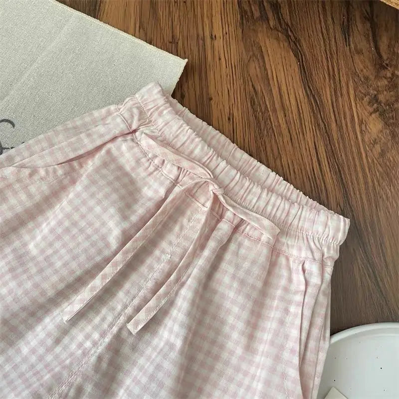 1Set Summer Girls Bow Outfit Baby Infant T-shirt+Pant Set Kids Princess Sweet Short Sleeve Set Children Wide Leg Grid Pants Suit