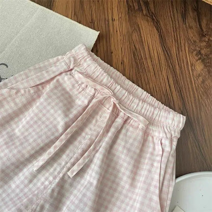 1Set Summer Girls Bow Outfit Baby Infant T-shirt+Pant Set Kids Princess Sweet Short Sleeve Set Children Wide Leg Grid Pants Suit