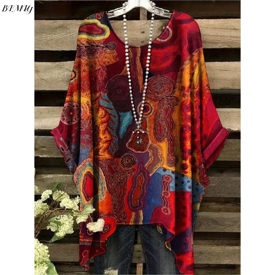 Bohemian Floral Tunic Plus Size Women's Bohemian Floral Print Tunic T-Shirt Short Sleeve Round Neck Casual Top Vibrant 2025