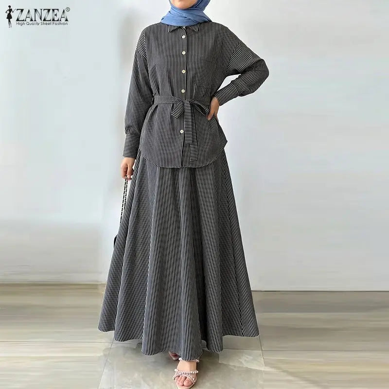 Women Muslim 2 Pieces Sets ZANZEA Ramadan Outfits Fashion Lapel Long Sleeve Shirt Dress Sets Elegant Striped OL Work Skirt Suit