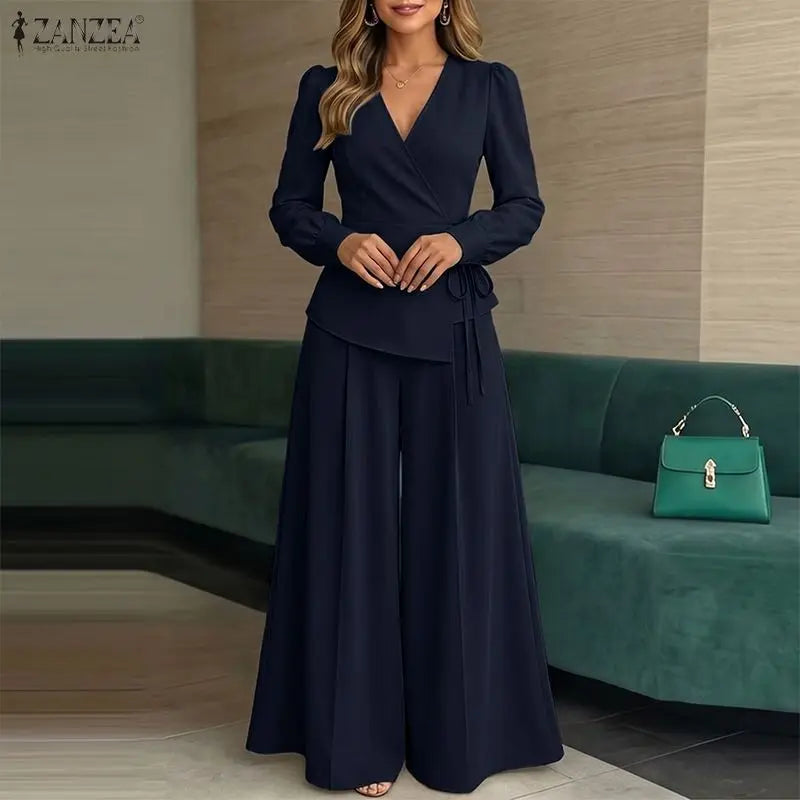 ZANZEA Women Elegant 2 Piece Matching Sets Long Sleeve Wrapped Blouses & Wide Leg Pants 2pcs Suits Casual OL Commute Outfits