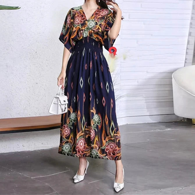 Women Bohemian Ethnic Printed Holiday Dress V-Neck Elastic Waist Casual Batswing Sleeve Mid Dress Elegant Vintage Retro Dress