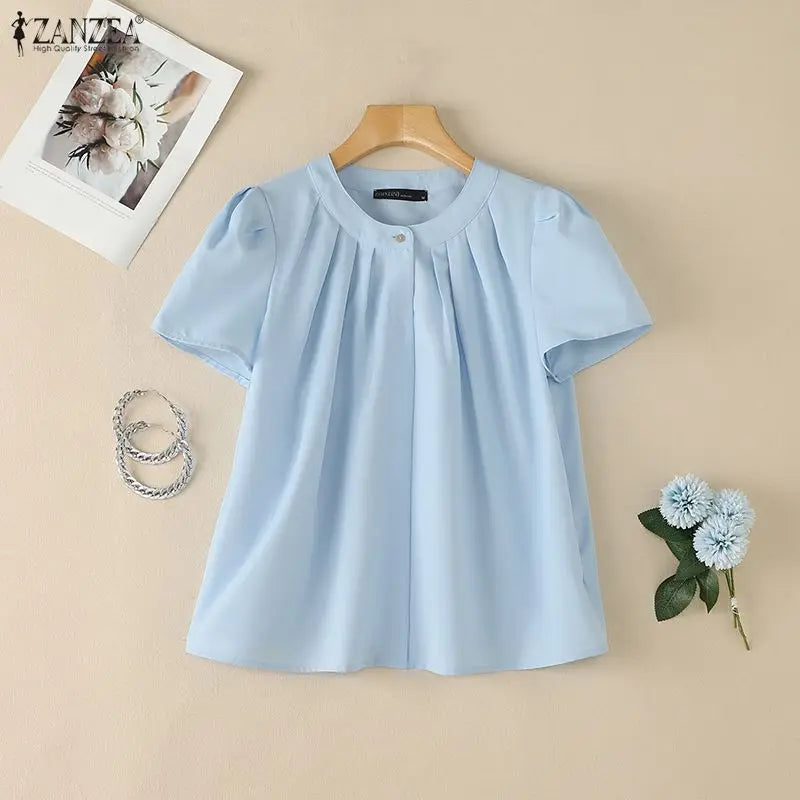 ZANZEA Women Summer Blouse Fashion Short Sleeve Tunic Tops Pleated Casual Office O-Neck Tee Streetwear Blusas Oversize Tunic