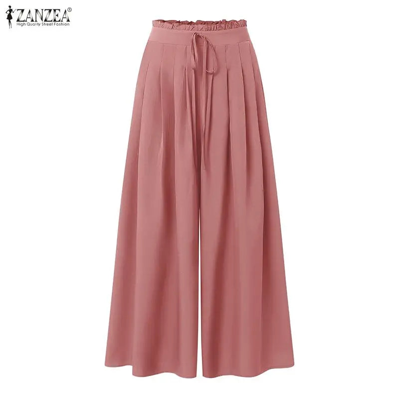 Fashion Summer Autumn Women Pants ZANZEA Wide Leg Pant Solid Pleated Long Trousers Elastic Waist Streetwear Oversize S-3XL