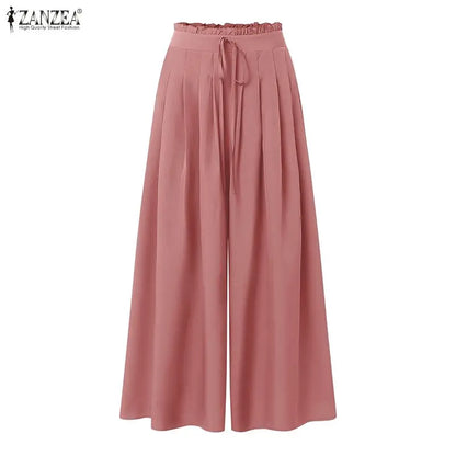 Fashion Summer Autumn Women Pants ZANZEA Wide Leg Pant Solid Pleated Long Trousers Elastic Waist Streetwear Oversize S-3XL