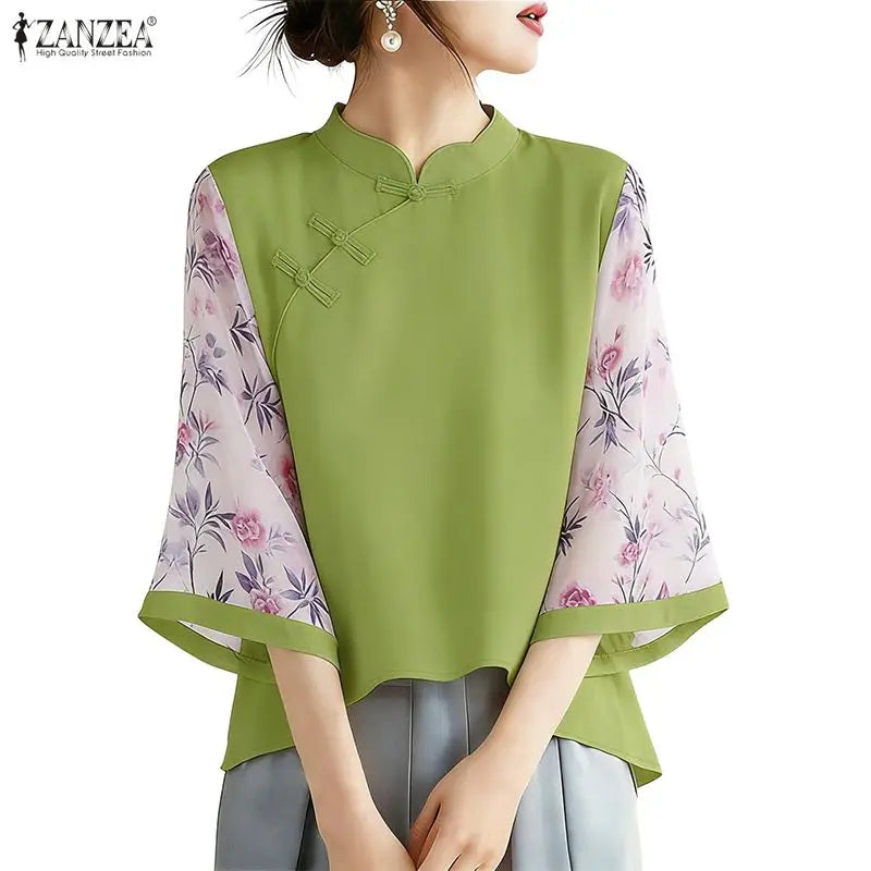 ZANZEA Vintage Style Blouses for Woman Mandarin Collar Floral Printed 3/4 Sleeve Tunic Tops Summer Elegant Blusas de Mujer