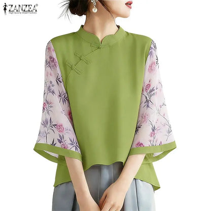 ZANZEA Vintage Style Blouses for Woman Mandarin Collar Floral Printed 3/4 Sleeve Tunic Tops Summer Elegant Blusas de Mujer