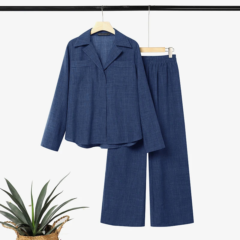 ZANZEA Women Casual Pant Sets Lapel Neck Long Sleeve Blouse & Elastic Waist Pants 2pcs Matching Sets Autumn OL Work Solid Co-ord