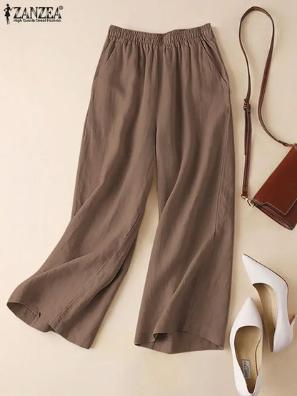 ZANZEA Women Summer Wide Leg Pants Spring Cotton Pantalon Loose Elastic Waist Palazzo 2023 Fashion Solid Casual Long Trousers