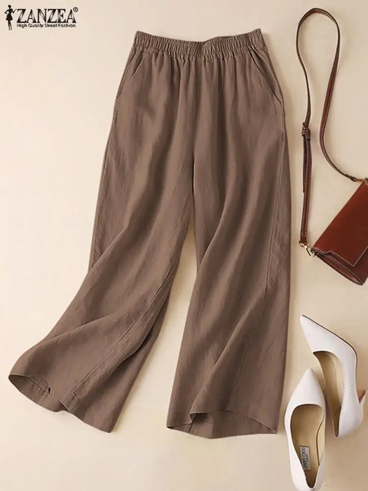 ZANZEA Women Summer Wide Leg Pants Spring Cotton Pantalon Loose Elastic Waist Palazzo 2023 Fashion Solid Casual Long Trousers