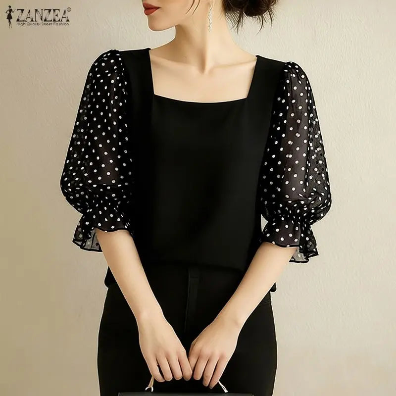 ZANZEA Women's Polka Dots Patchwork Blouses Elegant Square Neck 3/4 Puff Sleeve Pullover Tops Spring Summer Woman Clothes S-3XL