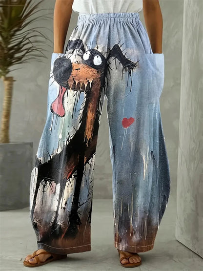 Women's Large Size Cartoon Cat Loose Wide-legged Pants Fall And Winter Casual Elastic Waist Pants Home Large Size Women Clothing