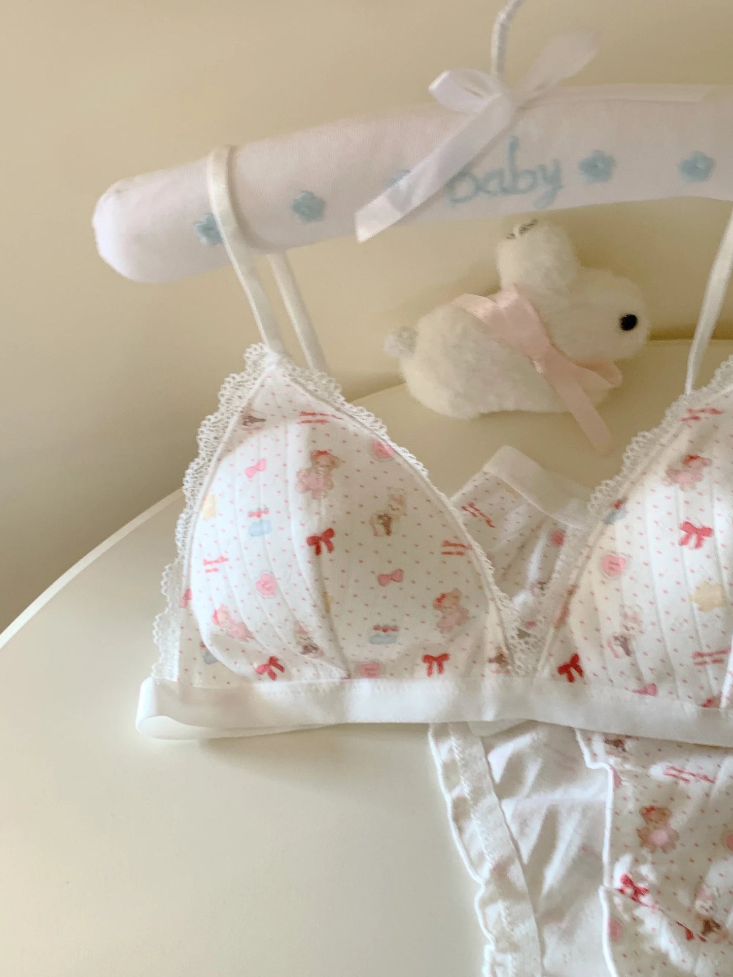 Secret of the Happy Little Bear Lingerie Sweet Feminine 100% Cotton Breathable Underwear Comfortable Small-Cup Bra Set Wire-Free
