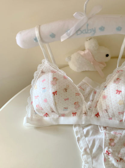 Secret of the Happy Little Bear Lingerie Sweet Feminine 100% Cotton Breathable Underwear Comfortable Small-Cup Bra Set Wire-Free