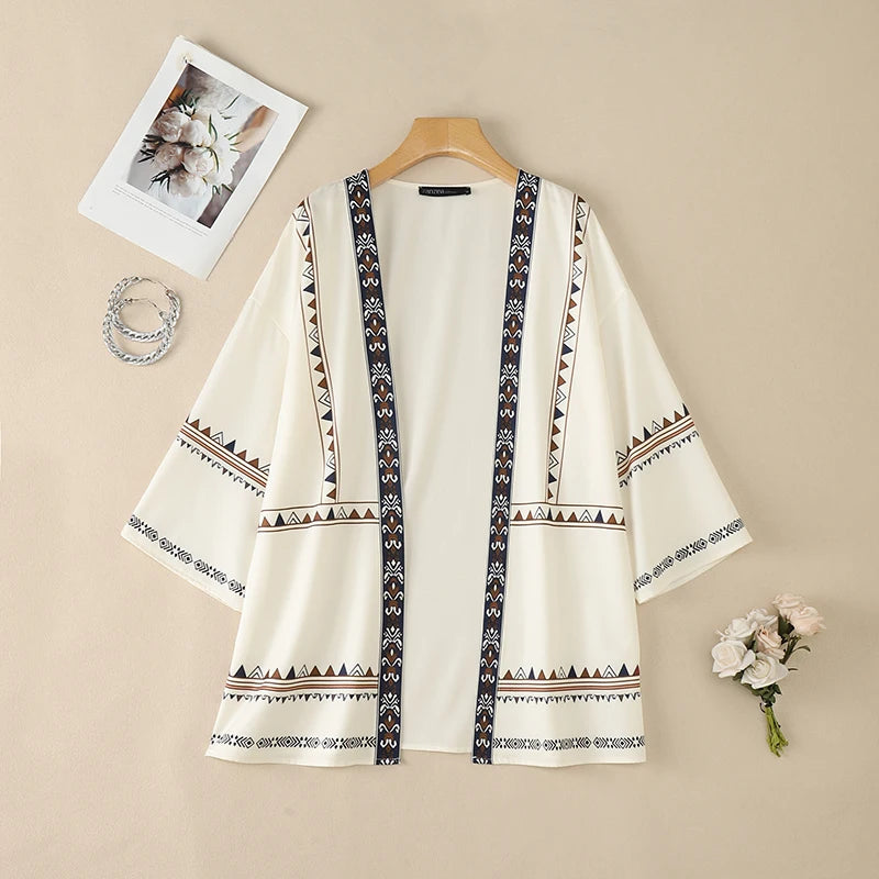ZANZEA Women's Casual Ethnic Print Kimonos 3/4 Sleeves Open Front Long Cardigans Summer Bohemian Vacation Sunscreen Cover-Up