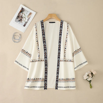 ZANZEA Women's Casual Ethnic Print Kimonos 3/4 Sleeves Open Front Long Cardigans Summer Bohemian Vacation Sunscreen Cover-Up
