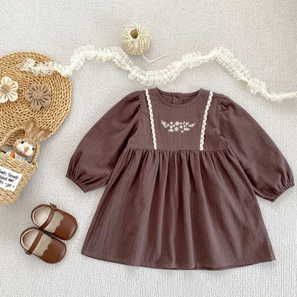 Children Girl Vintage Dress Spring Autumn Embroidered Flowers 2-7Y Kids Girls Princess Dress Long Sleeve Cotton Baby Girls Dress