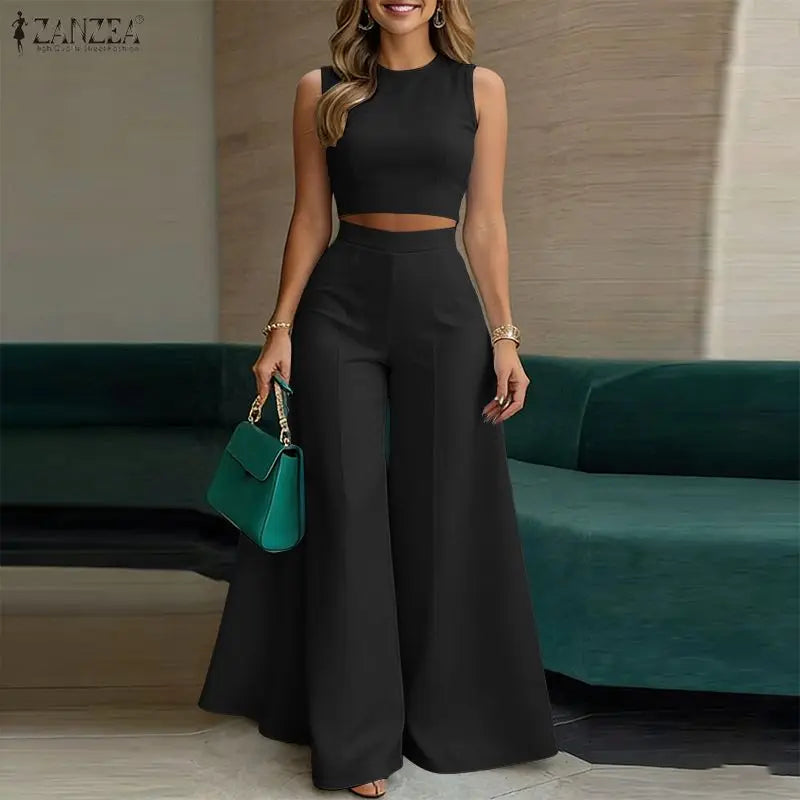 ZANZEA Elegant Women's Loose Pant Suits Wide Leg Pant & Sleeveless Crop Top 2 Pieces Sets Summer Fashion Solid Color Outfits