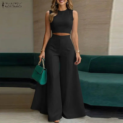 ZANZEA Elegant Women's Loose Pant Suits Wide Leg Pant & Sleeveless Crop Top 2 Pieces Sets Summer Fashion Solid Color Outfits