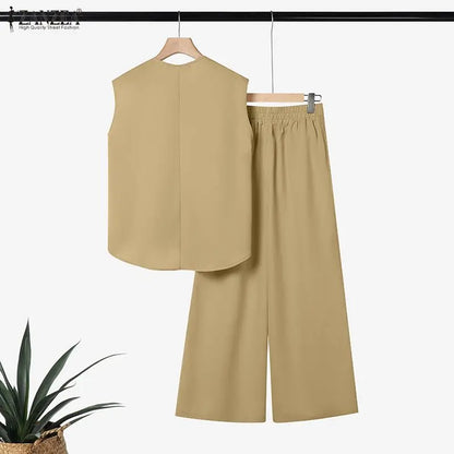 ZANZEA Summer Women 2 Pieces Sets Casual Solid Color OL Work Outfits O Neck Sleeveless Tanks Tops Pants Suit Loose Matching Sets