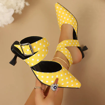 Ladies Cross-Band High Heels Sandals Thin Heel Summer New Polka Dot Slip-On Buckle Strap Elegant Footwear for Women
