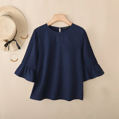 ZANZEA 2026 Woman Casual Effortless Blouses O-Neck Pintuck Detailed 3/4 Flared Sleeve Solid Color Tops Autumn Daily Blusas Mujer