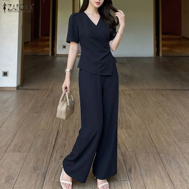 ZANZEA Women Elegant Chic 2pcs Pant Sets Short Sleeve Asymmetrical Blouses & Wide Leg Pants 2 Piece Suits OL Commute Outifts
