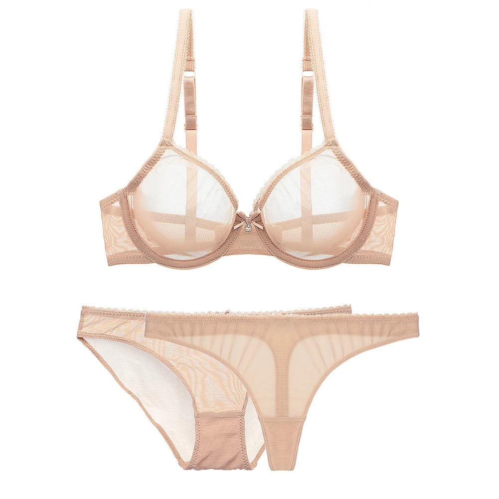 Ultra-thin Cup Mesh Lace Underwear Transparent Unlined 1 Bra+2 Panties Plus Size Bra Set For Ladies