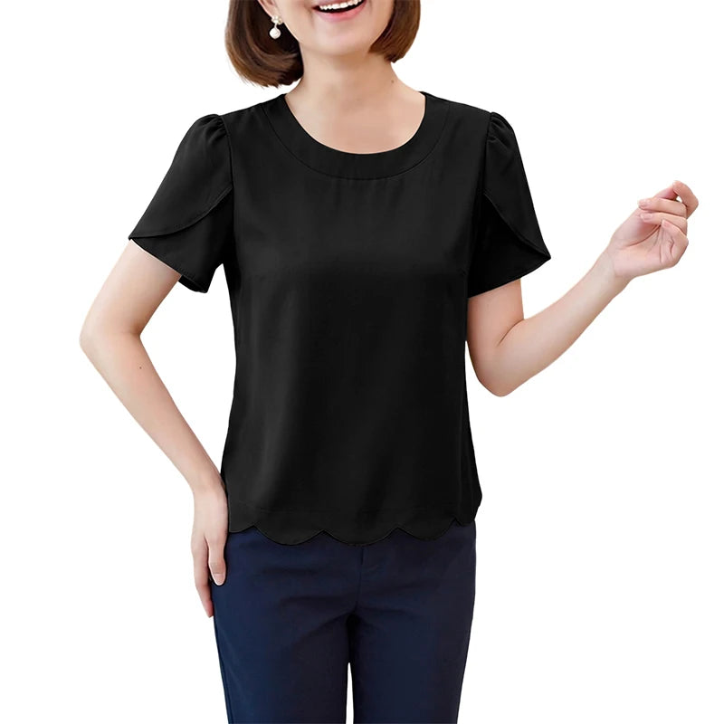 ZANZEA Women Elegant Scalloped Hem Blouses Short Petal Sleeves O-Neck Solid Color Tops Summer Casual Daily Wear Blusas de Mujer