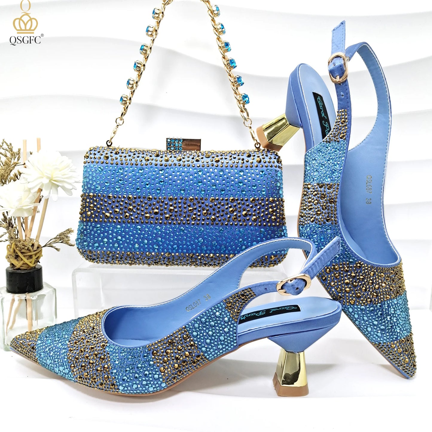 2026 Nigerian Women Heel Ladies Italian Luxury Design Green Shoes And Bag Set Decorated with Rhinestone Handbag Wedding Party