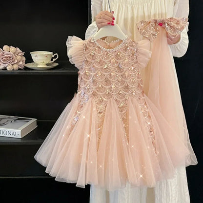 Sequins Mesh Dress For Girls Kids Summer Dress Children Fishtail Gauze Skirt For Party Night Graduation Ceremony Birthday Prom